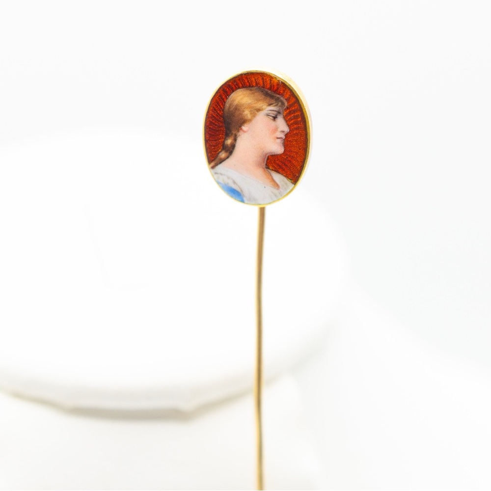 Antique guilloche enamel portrait stick pin 14 k gold